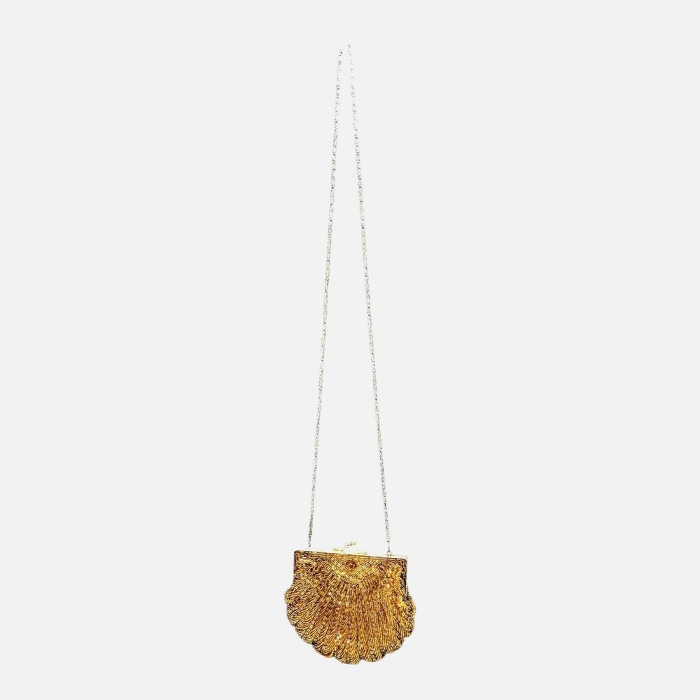 VTG La Regale Women's Evening Shoulder Purse Gold Beaded Clam Shell Gold Chain - Picture 11 of 13